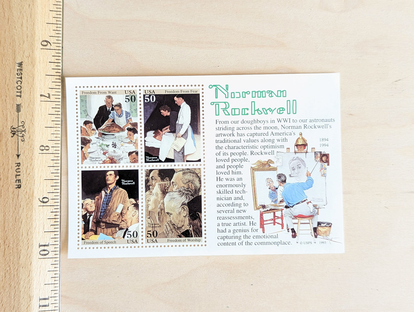 Norman Rockwell, Vintage Unused USPS Postage Stamps, Norman Rockwell Stamps (Souvenir Sheet), 1993, Gummed