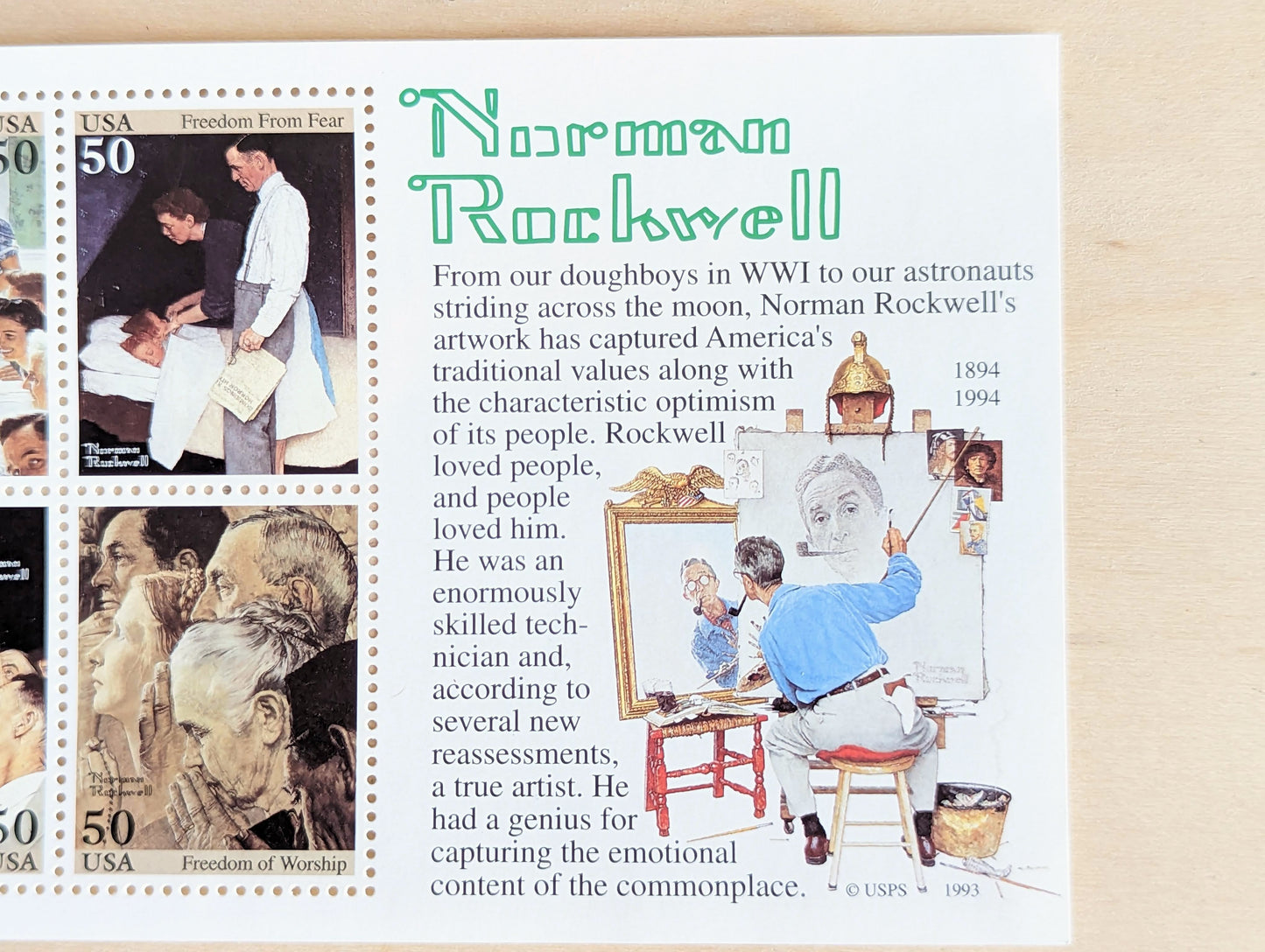 Norman Rockwell, Vintage Unused USPS Postage Stamps, Norman Rockwell Stamps (Souvenir Sheet), 1993, Gummed
