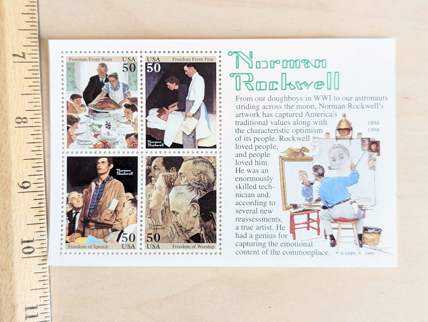 Norman Rockwell, Vintage Unused USPS Postage Stamps, Norman Rockwell Stamps (Souvenir Sheet), 1993, Gummed