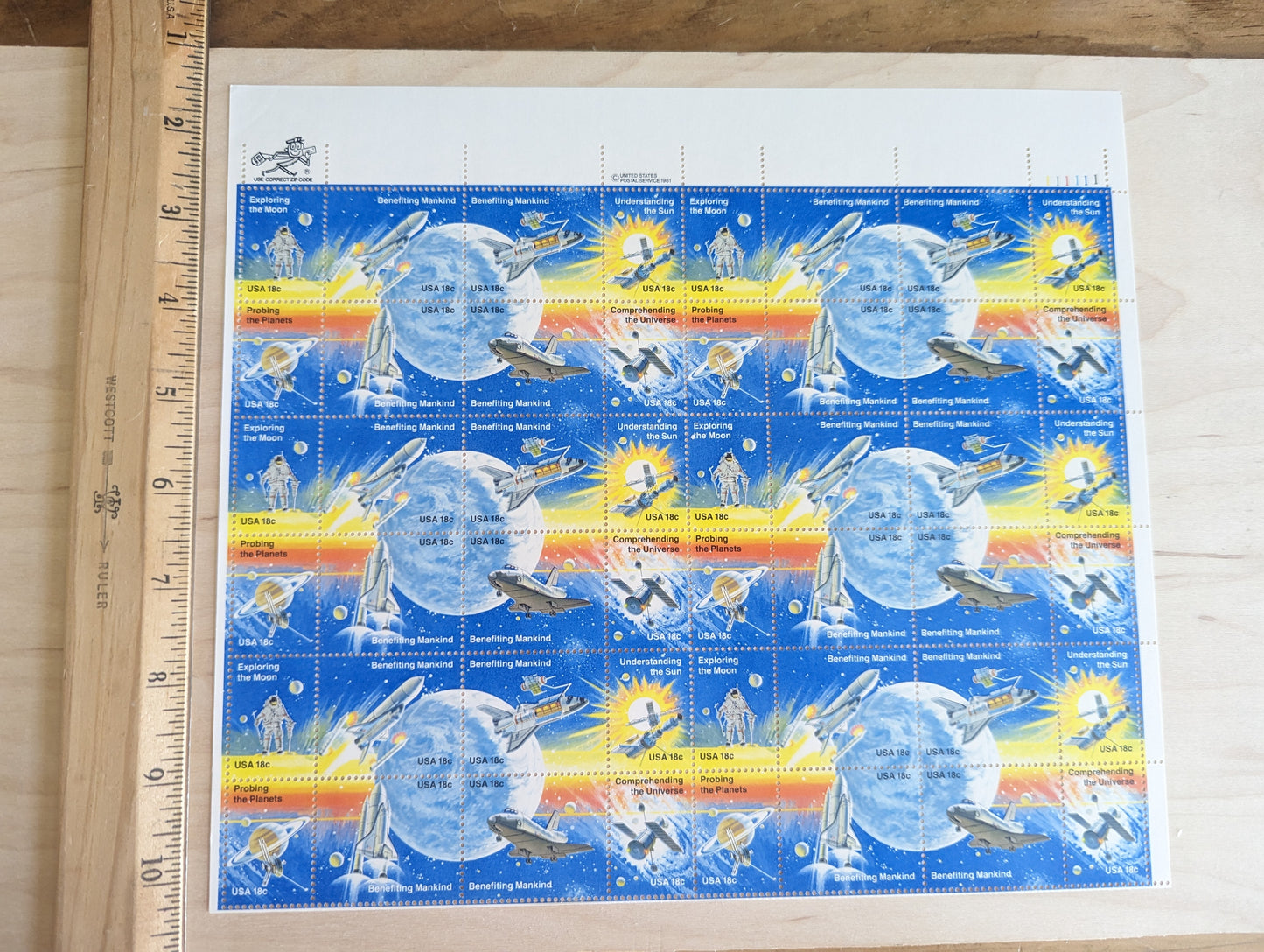 Benefitting Mankind Space, Sheet of 48, Vintage Unused USPS 18 Cent Postage Stamps, Benefiting Mankind, 1981, Gummed