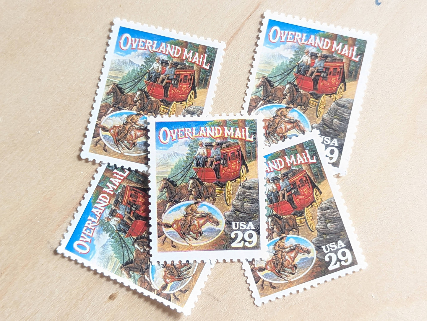 Overland Mail, Set of 5, Vintage Unused USPS 29 Cent Postage Stamps, Legends of the West 1994, Gummed