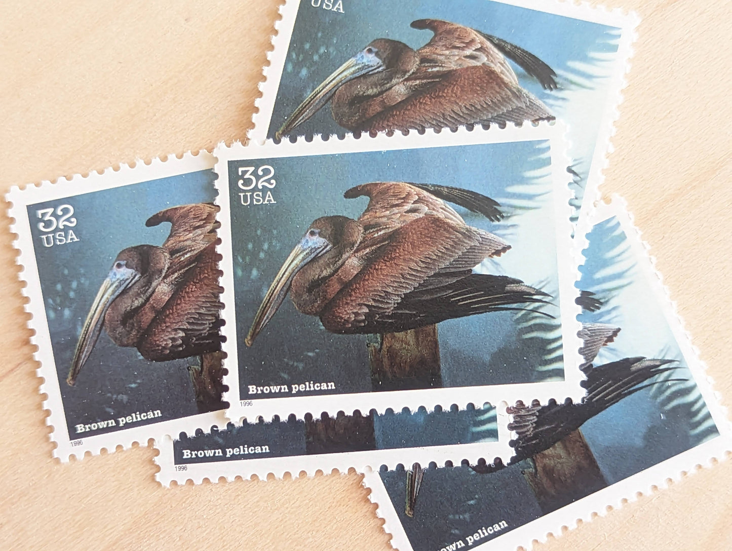 Brown Pelican Stamps, Set of 5, Vintage Unused USPS 32 Cent Postage Stamps, Endangered Species 1995, Gummed