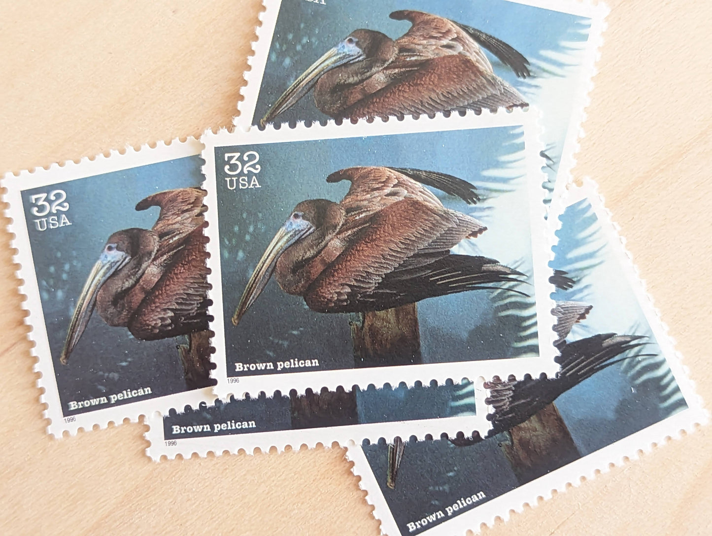 Brown Pelican Stamps, Set of 5, Vintage Unused USPS 32 Cent Postage Stamps, Endangered Species 1995, Gummed