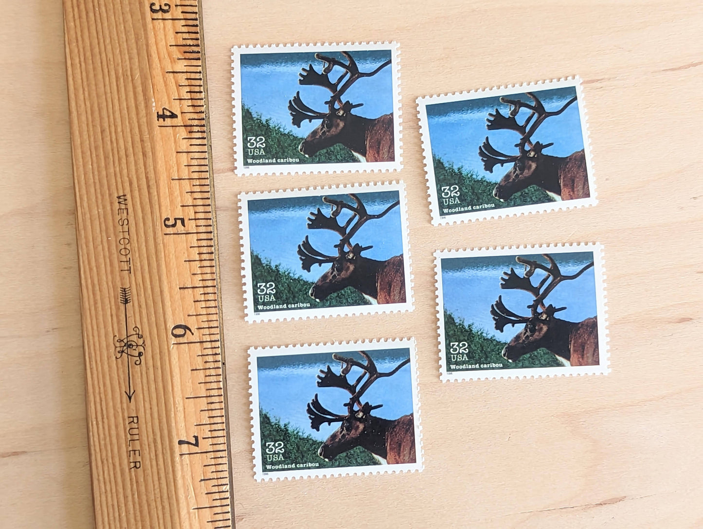 Wetland Caribou Stamps, Set of 5, Vintage Unused USPS 32 Cent Postage Stamps, Endangered Species 1995, Gummed