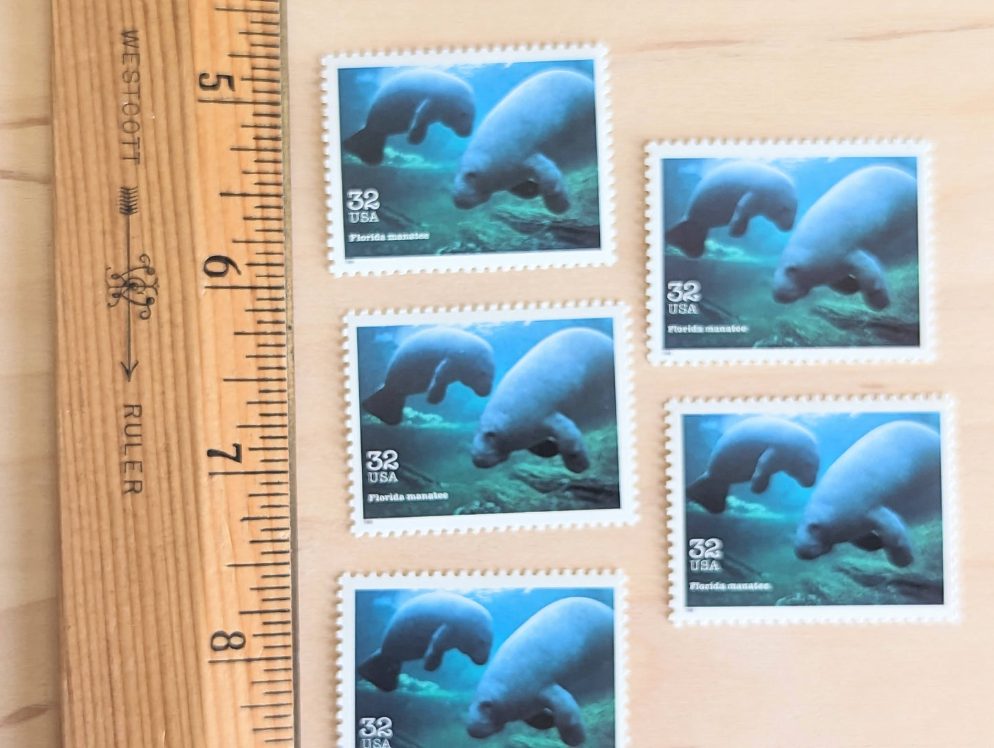 Florida Manatee Stamps, Set of 5, Vintage Unused USPS 32 Cent Postage Stamps, Endangered Species 1995, Gummed