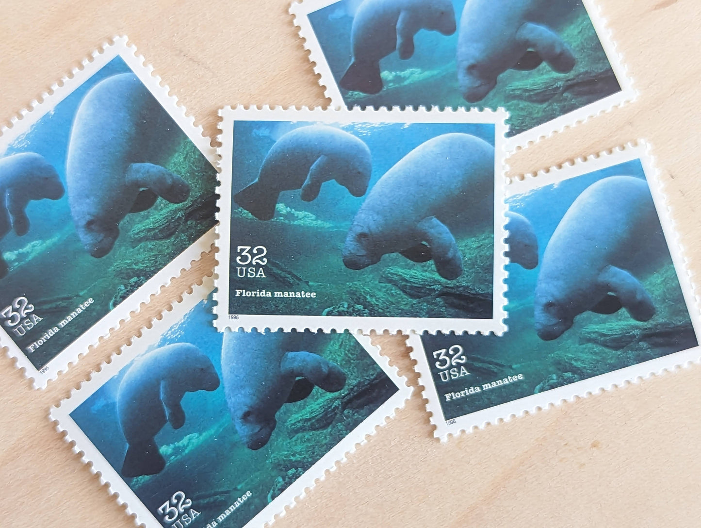 Florida Manatee Stamps, Set of 5, Vintage Unused USPS 32 Cent Postage Stamps, Endangered Species 1995, Gummed