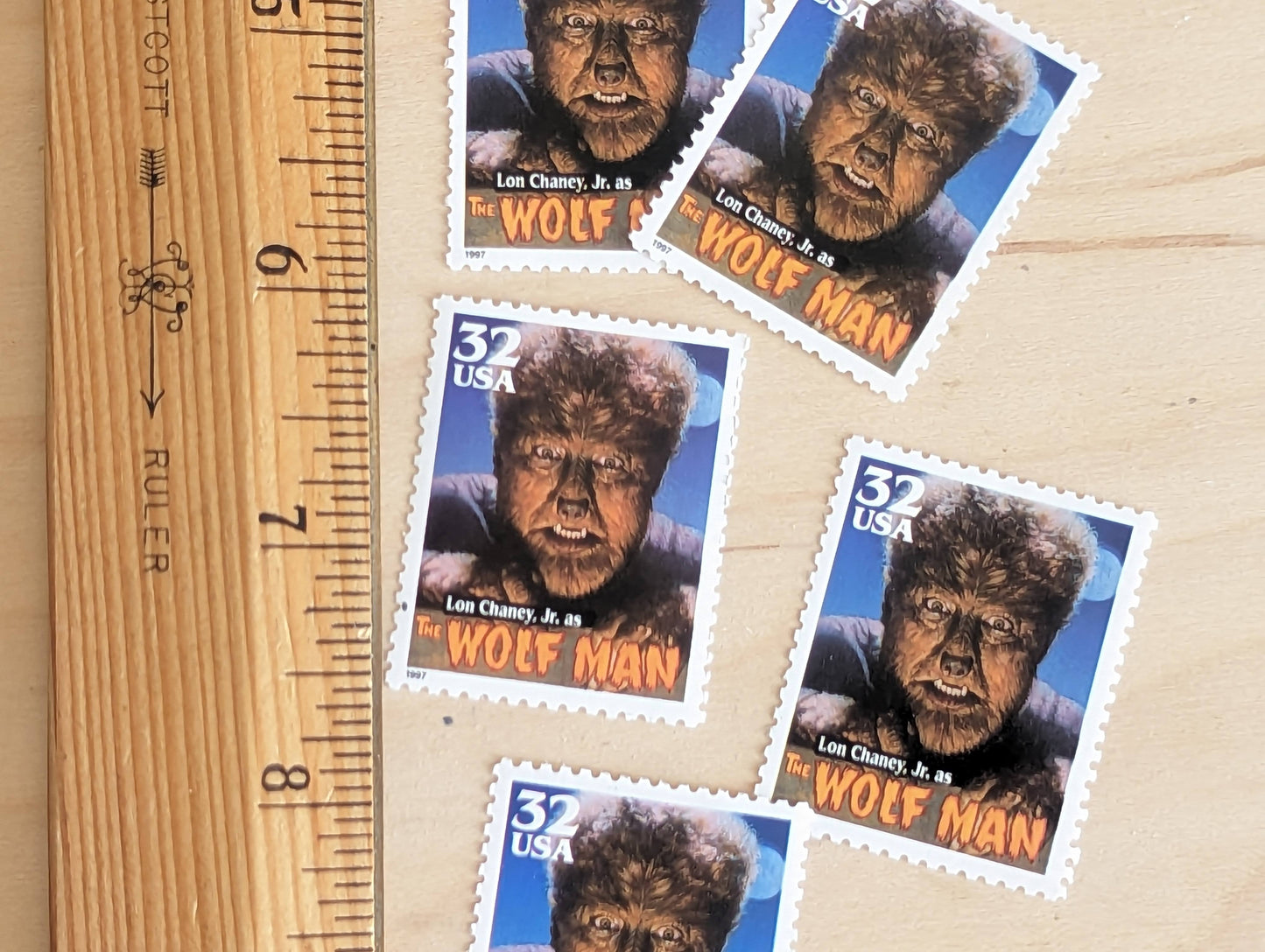 Wolf Man, Set of 5, Vintage Unused USPS 32 Cent Postage Stamps, Classic Movie Monsters Series 1996, Gummed