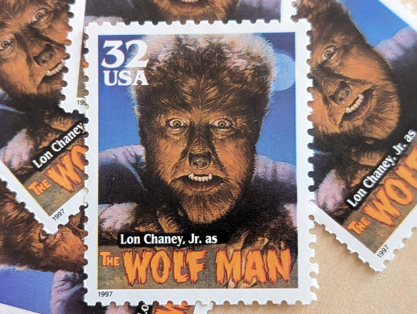 Wolf Man, Set of 5, Vintage Unused USPS 32 Cent Postage Stamps, Classic Movie Monsters Series 1996, Gummed