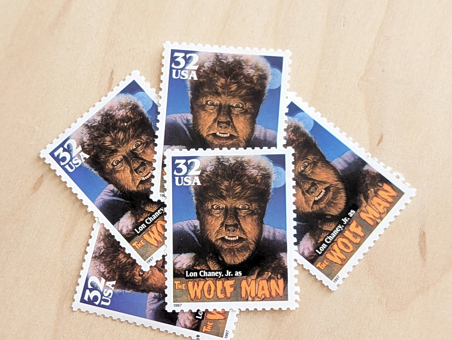 Wolf Man, Set of 5, Vintage Unused USPS 32 Cent Postage Stamps, Classic Movie Monsters Series 1996, Gummed