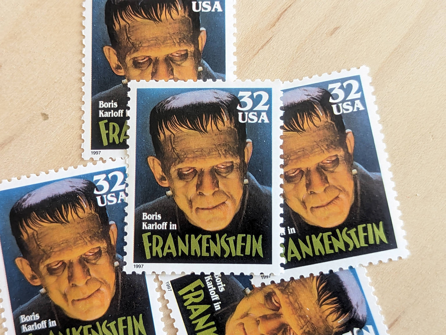 Frankenstein, Set of 5, Vintage Unused USPS 32 Cent Postage Stamps, Classic Movie Monsters Series 1996, Gummed