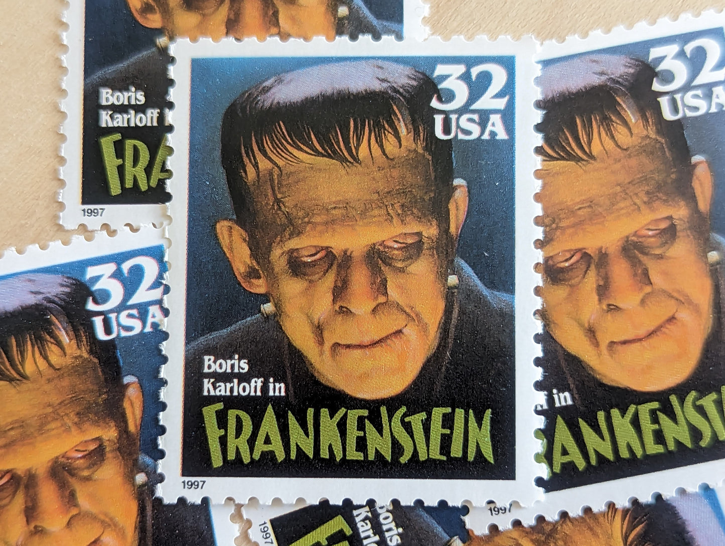 Frankenstein, Set of 5, Vintage Unused USPS 32 Cent Postage Stamps, Classic Movie Monsters Series 1996, Gummed