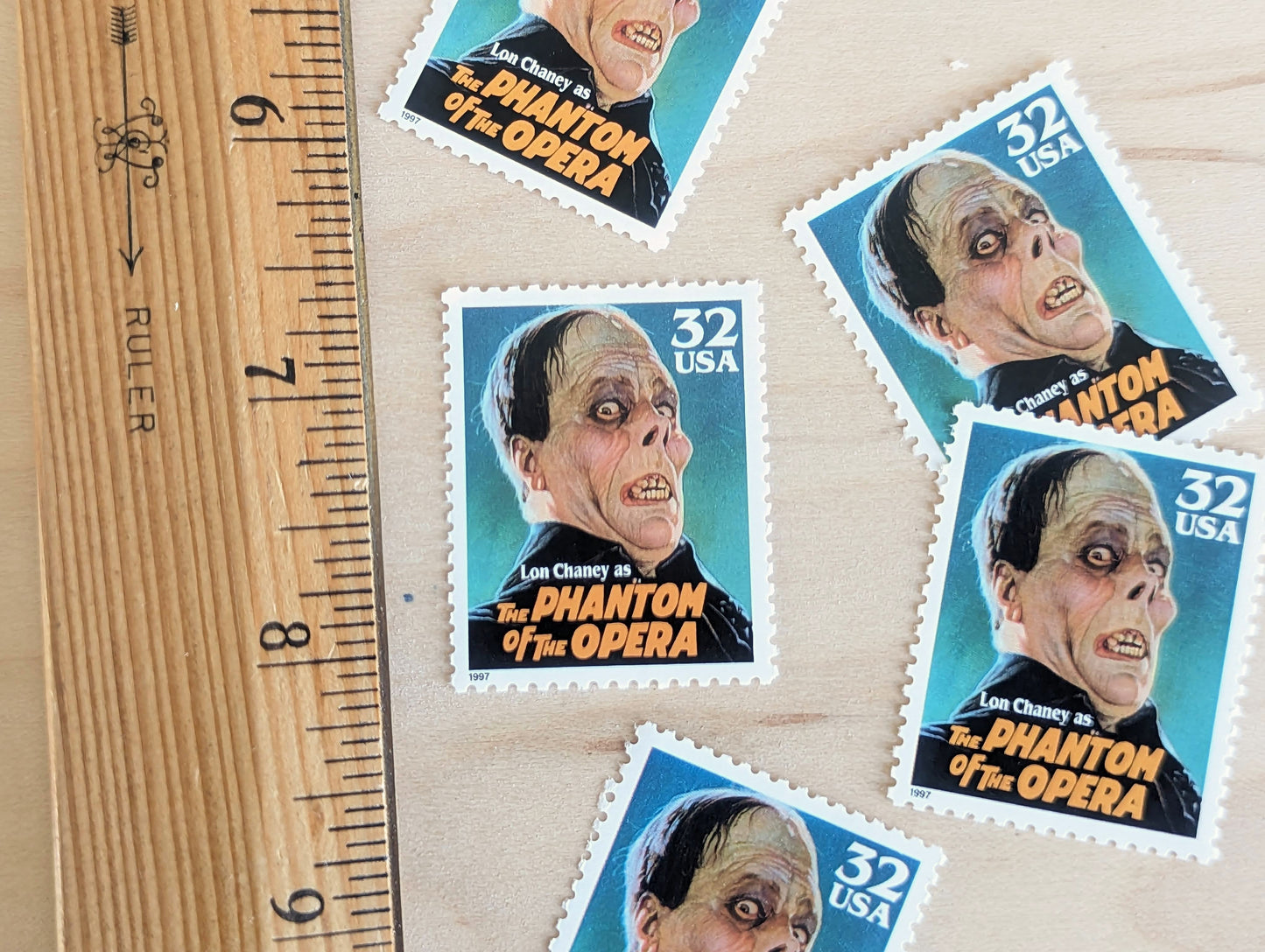 Phantom of The Opera, Set of 5, Vintage Unused USPS 32 Cent Postage Stamps, Classic Movie Monsters Series 1996, Gummed