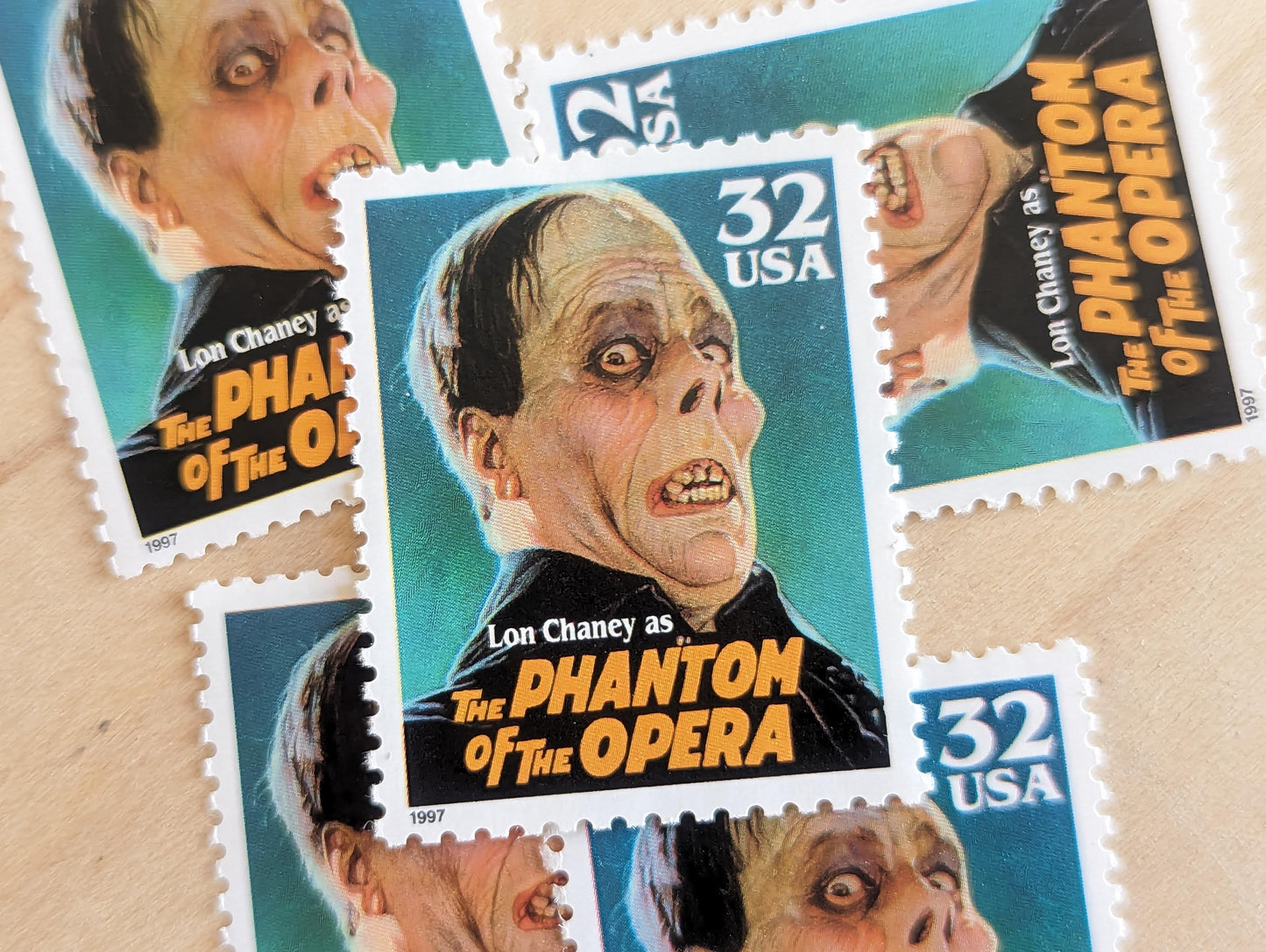 Phantom of The Opera, Set of 5, Vintage Unused USPS 32 Cent Postage Stamps, Classic Movie Monsters Series 1996, Gummed