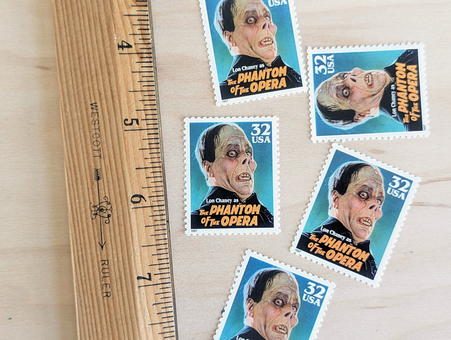 Phantom of The Opera, Set of 5, Vintage Unused USPS 32 Cent Postage Stamps, Classic Movie Monsters Series 1996, Gummed