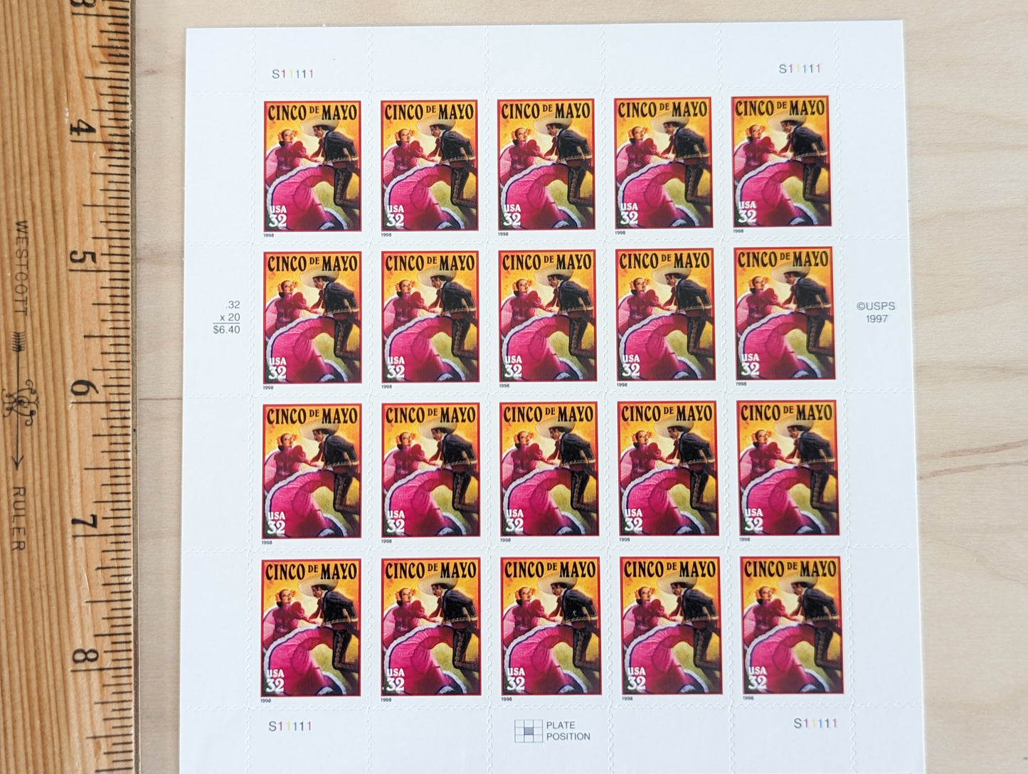 Cinco De Mayo, Sheet of 20, Vintage Unused USPS 32 Cent Postage Stamps, Cinco De Mayo Stamps, 1997, Gummed