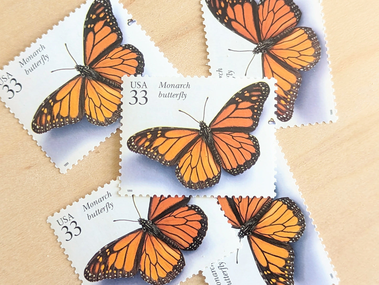 Monarch Butterfly Stamps, Set of 5, Vintage Unused USPS 33 Cent Postage Stamps, Insects and Spiders Series 1999, Gummed