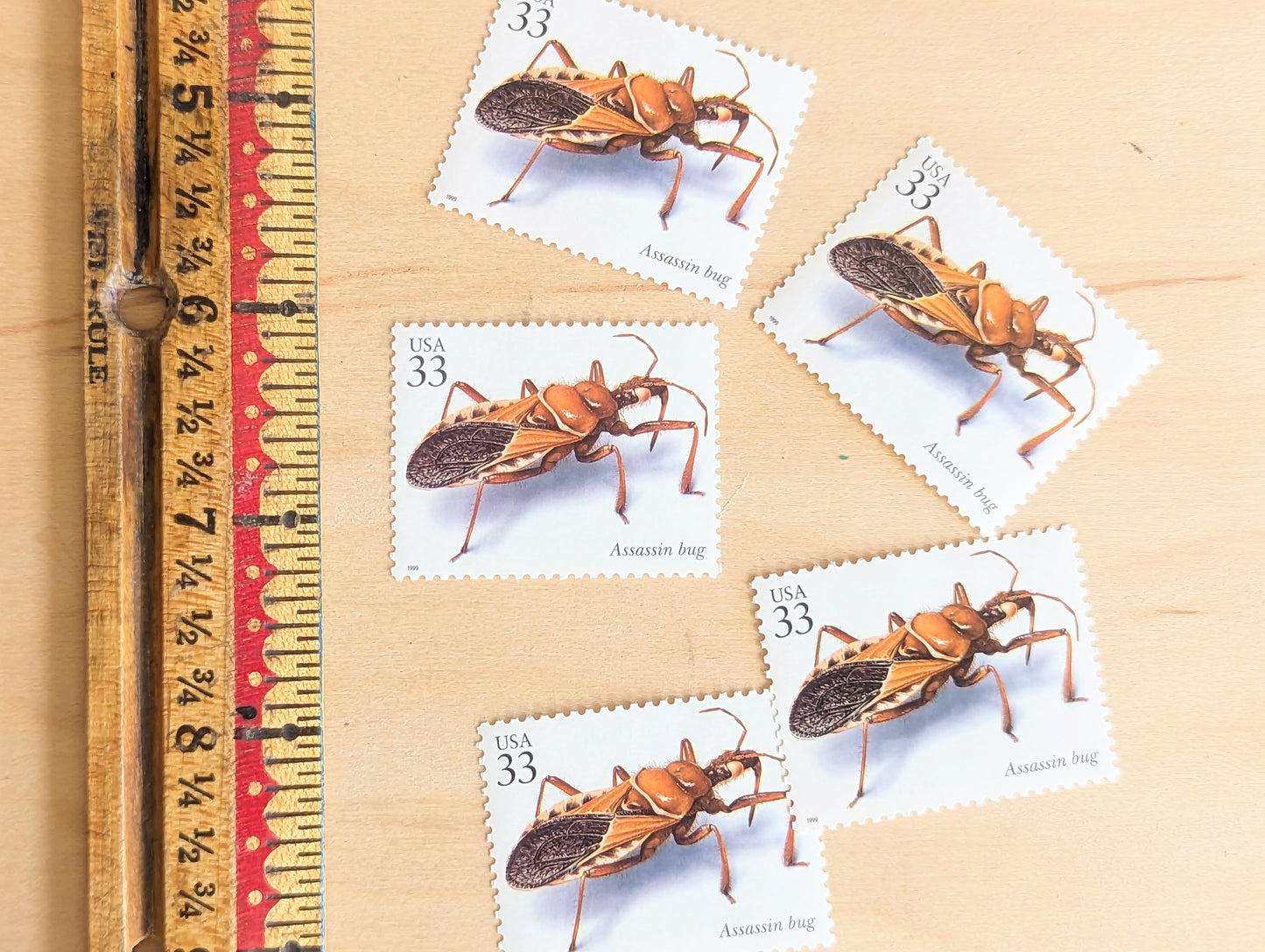 Assassin Bug Stamps, Set of 5, Vintage Unused USPS 33 Cent Postage Stamps, Insects and Spiders Series 1999, Gummed