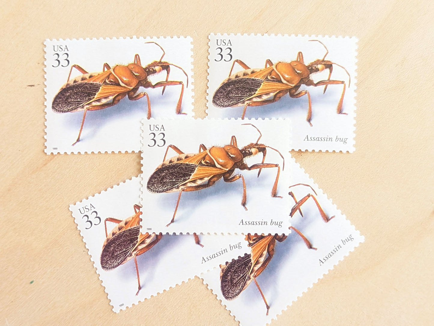 Assassin Bug Stamps, Set of 5, Vintage Unused USPS 33 Cent Postage Stamps, Insects and Spiders Series 1999, Gummed