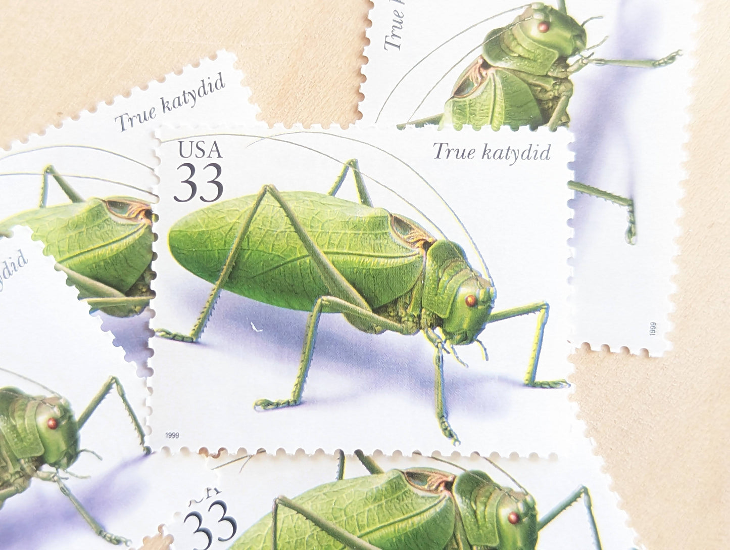 True Katydid Stamps, Set of 5, Vintage Unused USPS 33 Cent Postage Stamps, Insects and Spiders Series 1999, Gummed
