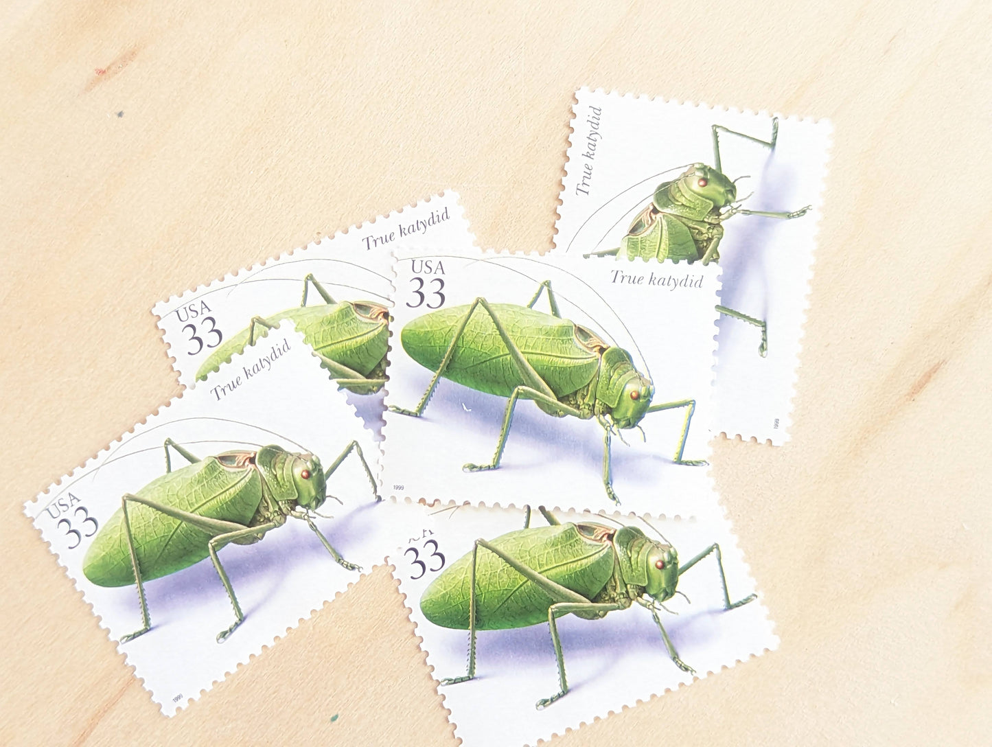 True Katydid Stamps, Set of 5, Vintage Unused USPS 33 Cent Postage Stamps, Insects and Spiders Series 1999, Gummed