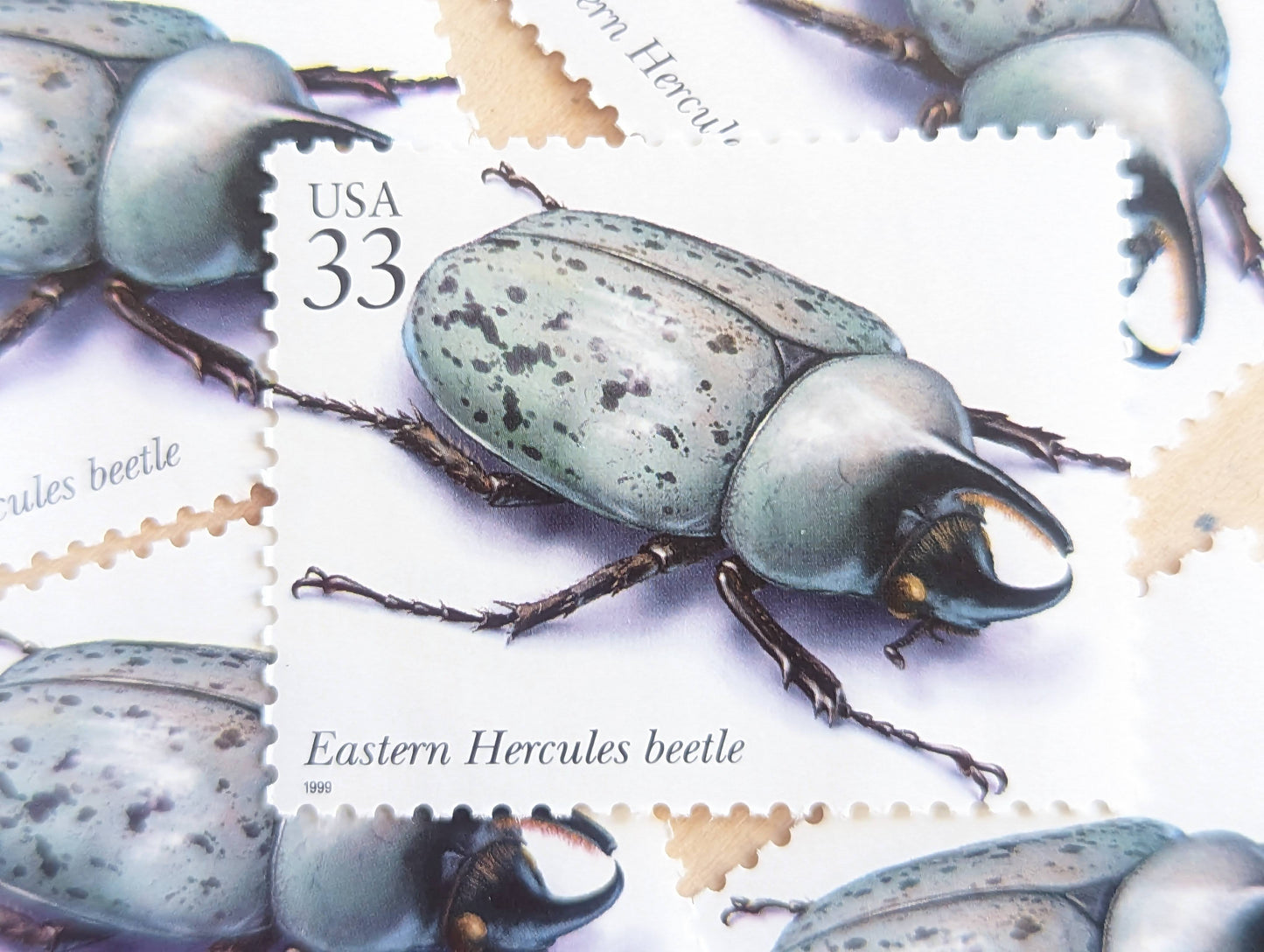 Eastern Hercules Beetle Stamps, Set of 5, Vintage Unused USPS 33 Cent Postage Stamps, Insects and Spiders Series 1999, Gummed