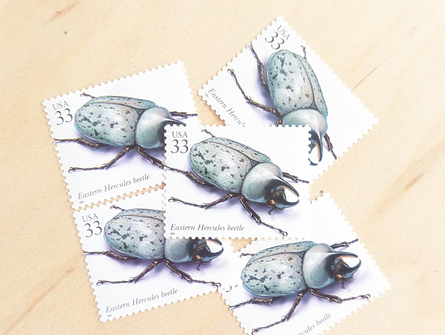 Eastern Hercules Beetle Stamps, Set of 5, Vintage Unused USPS 33 Cent Postage Stamps, Insects and Spiders Series 1999, Gummed