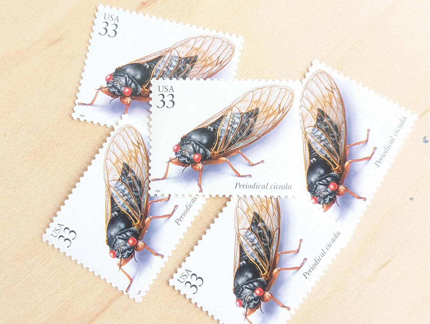 Periodical Cicada Stamps, Set of 5, Vintage Unused USPS 33 Cent Postage Stamps, Insects and Spiders Series 1999, Gummed