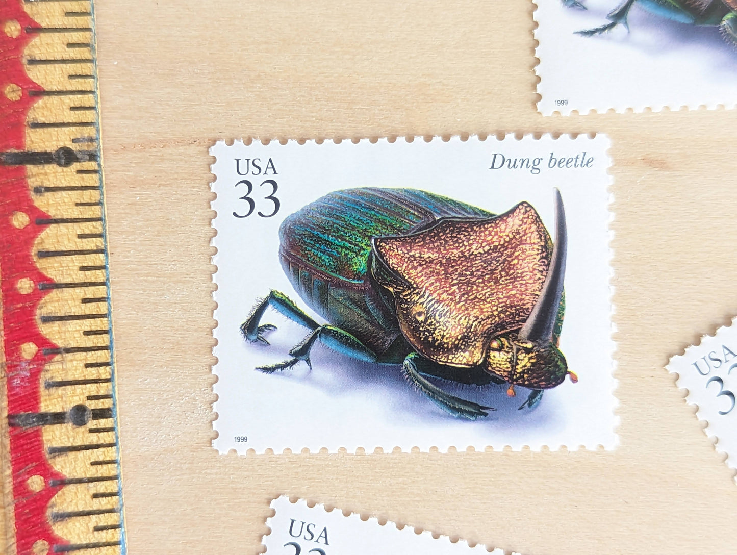 Dung Beetle Stamps, Set of 5, Vintage Unused USPS 33 Cent Postage Stamps, Insects and Spiders Series 1999, Gummed