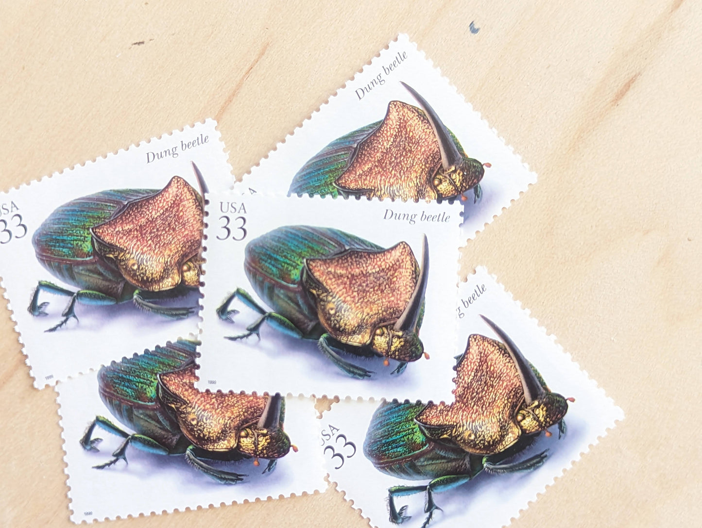 Dung Beetle Stamps, Set of 5, Vintage Unused USPS 33 Cent Postage Stamps, Insects and Spiders Series 1999, Gummed