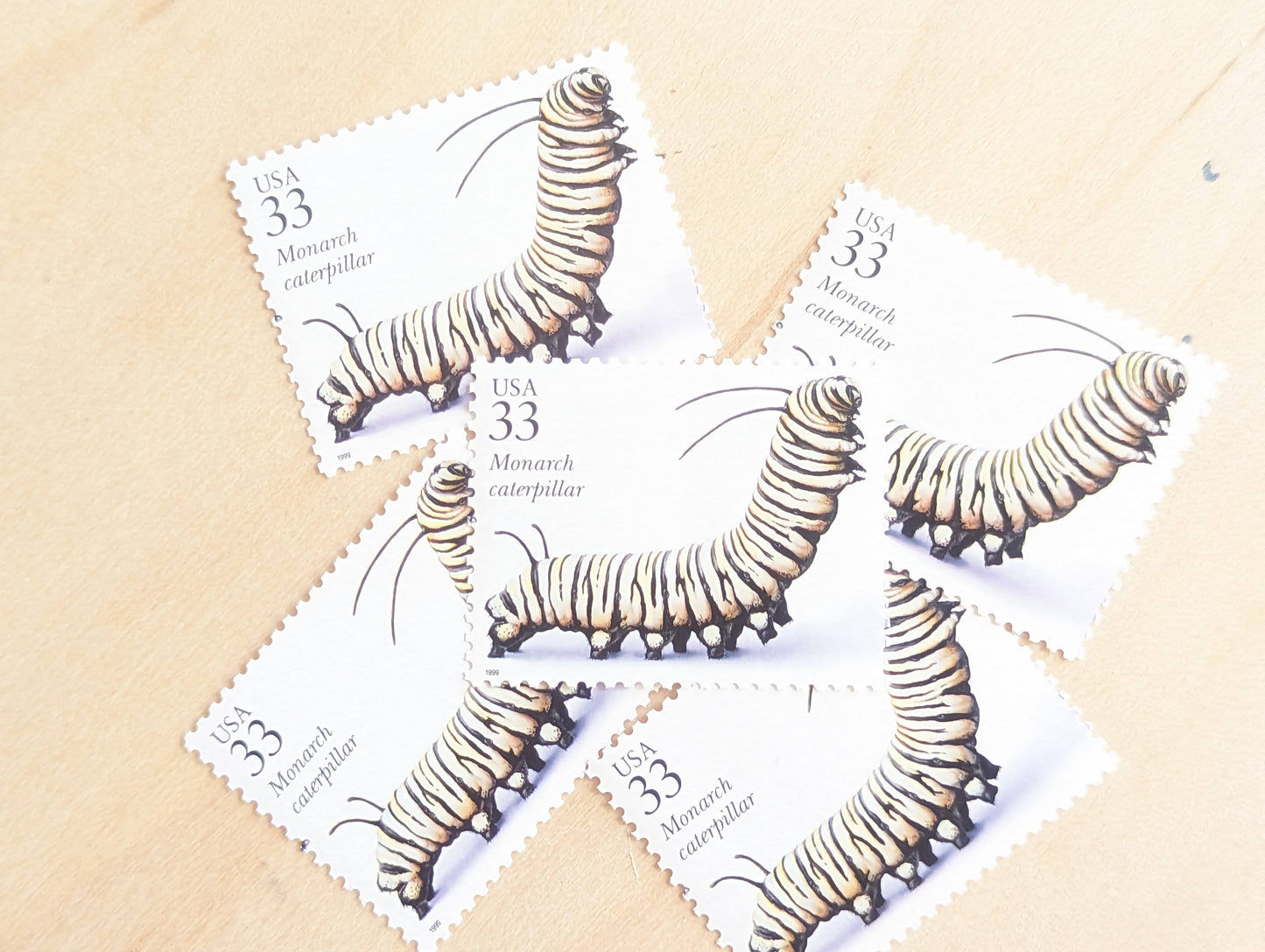Monarch Caterpillar Stamps, Set of 5, Vintage Unused USPS 33 Cent Postage Stamps, Insects and Spiders Series 1999, Gummed