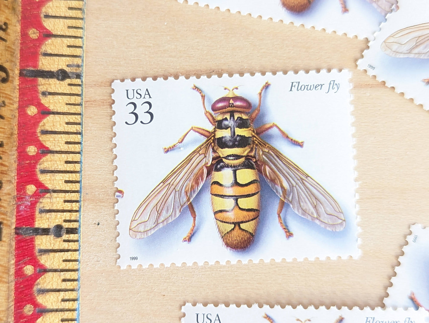 Flower Fly Stamps, Set of 5, Vintage Unused USPS 33 Cent Postage Stamps, Insects and Spiders Series 1999, Gummed