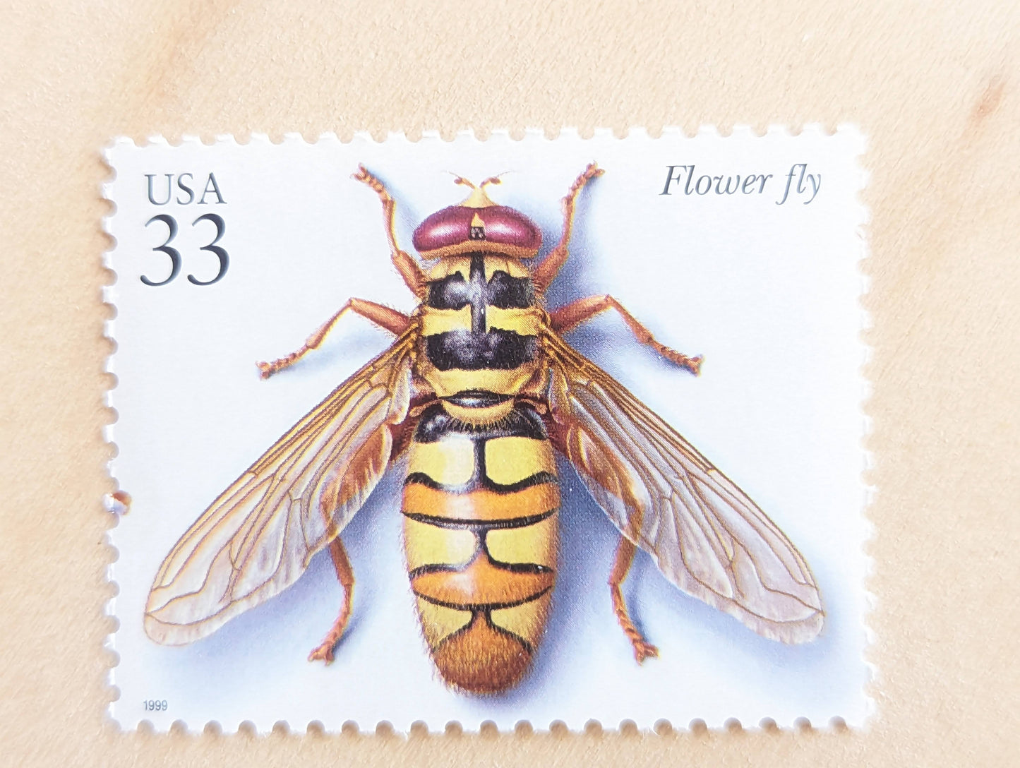 Flower Fly Stamps, Set of 5, Vintage Unused USPS 33 Cent Postage Stamps, Insects and Spiders Series 1999, Gummed