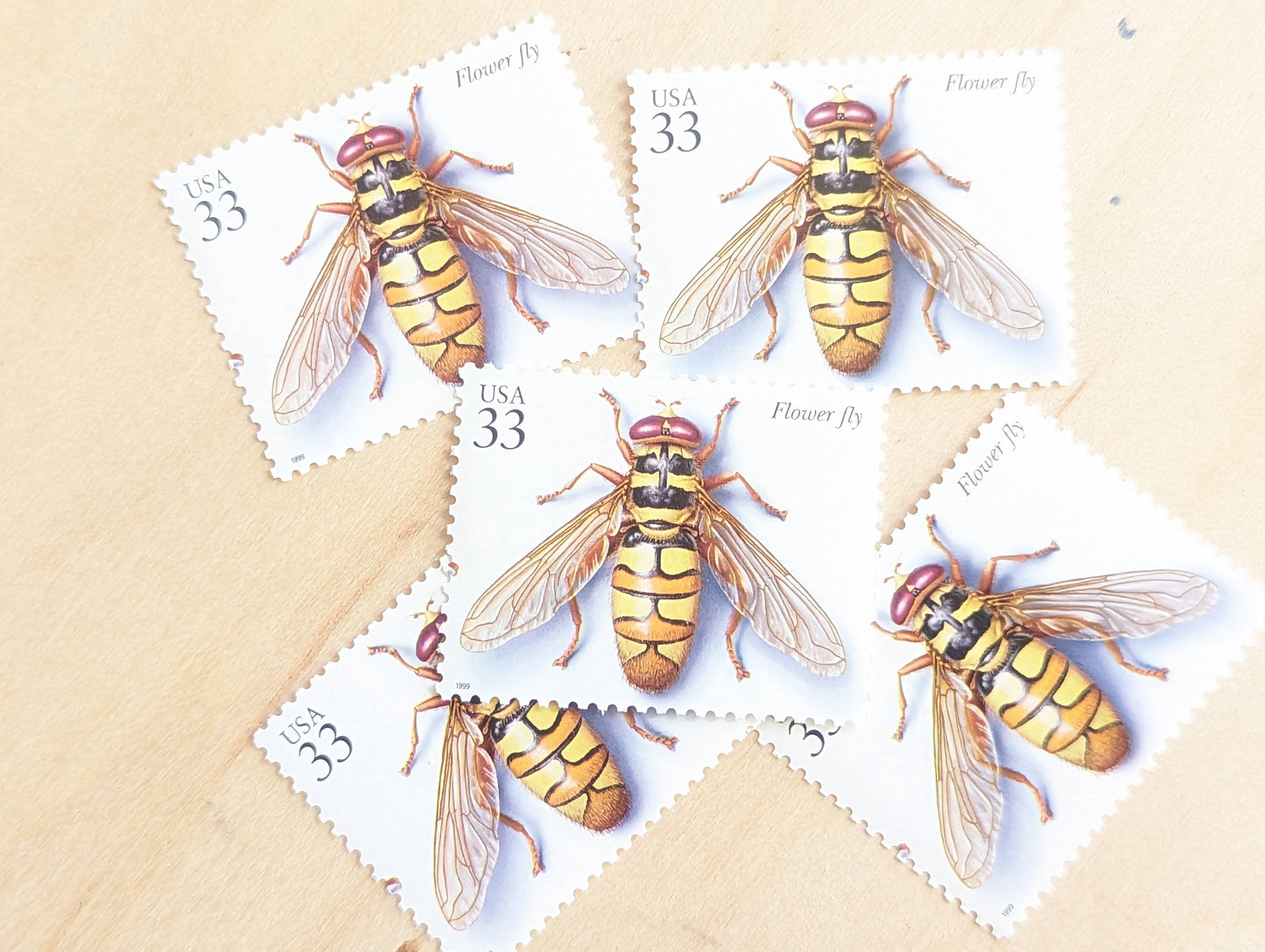 Flower Fly Stamps, Set of 5, Vintage Unused USPS 33 Cent Postage Stamps, Insects and Spiders Series 1999, Gummed