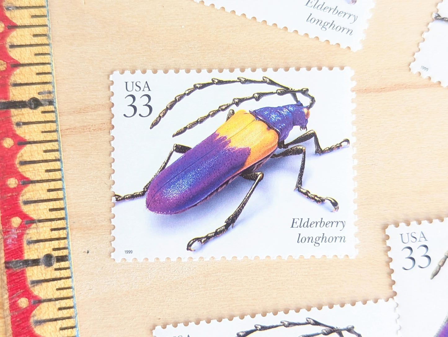 Elderberry Longhorn Stamps, Set of 5, Vintage Unused USPS 33 Cent Postage Stamps, Insects and Spiders Series 1999, Gummed