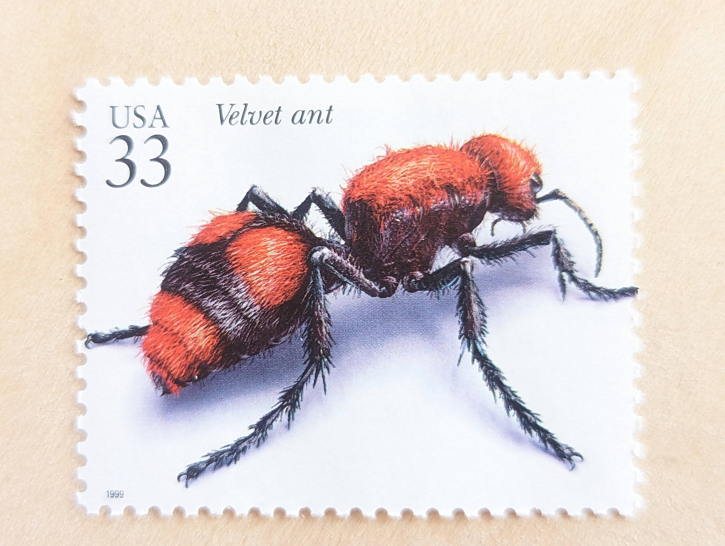Velvet Ant Stamps, Set of 5, Vintage Unused USPS 33 Cent Postage Stamps, Insects and Spiders Series 1999, Gummed
