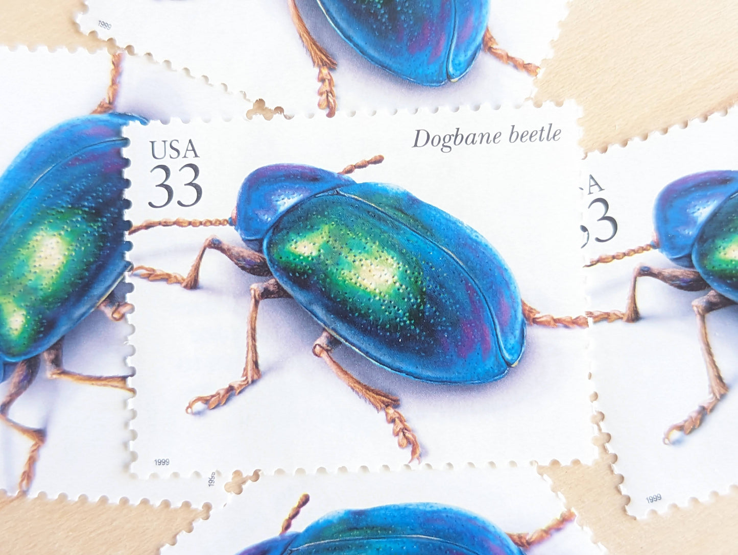 Dogbane Beetle Stamps, Set of 5, Vintage Unused USPS 33 Cent Postage Stamps, Insects and Spiders Series 1999, Gummed