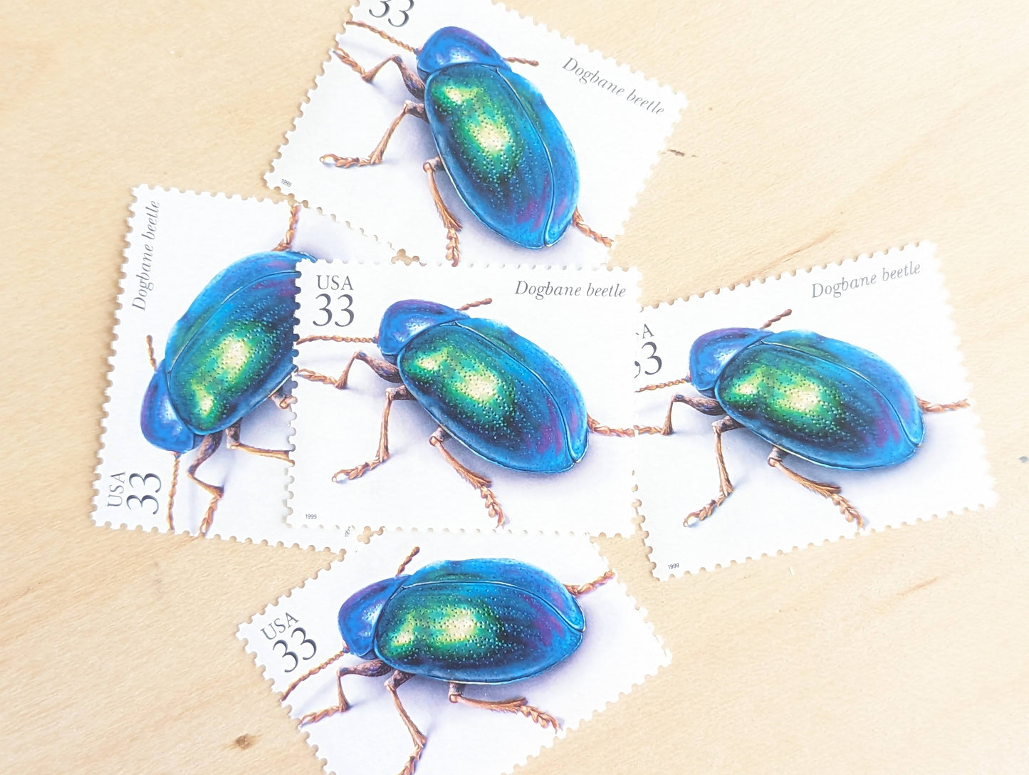 Dogbane Beetle Stamps, Set of 5, Vintage Unused USPS 33 Cent Postage Stamps, Insects and Spiders Series 1999, Gummed