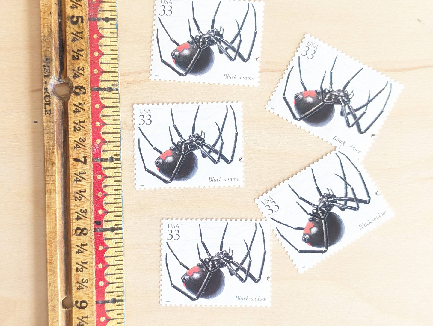 Black Widow Stamps, Set of 5, Vintage Unused USPS 33 Cent Postage Stamps, Insects and Spiders Series 1999, Gummed