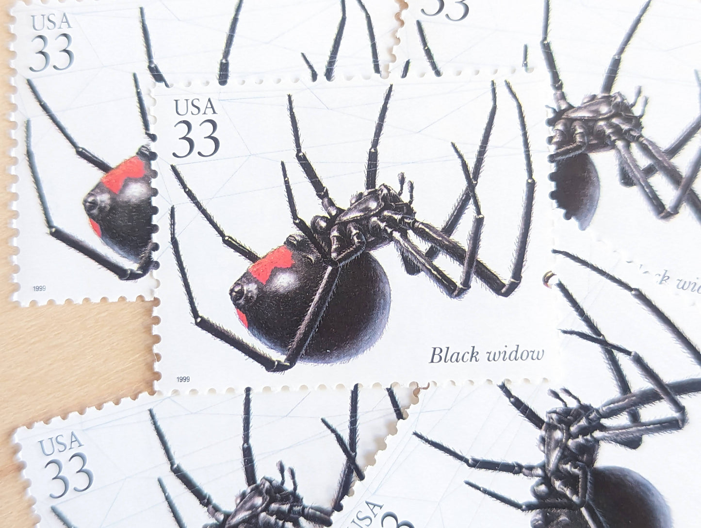 Black Widow Stamps, Set of 5, Vintage Unused USPS 33 Cent Postage Stamps, Insects and Spiders Series 1999, Gummed