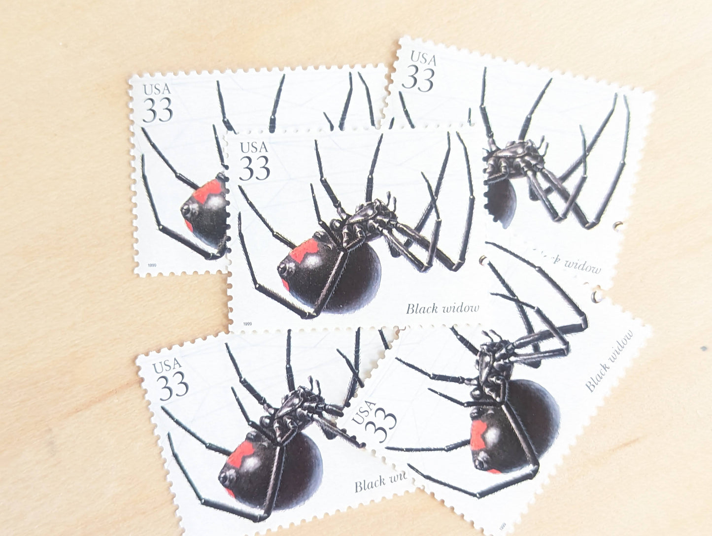 Black Widow Stamps, Set of 5, Vintage Unused USPS 33 Cent Postage Stamps, Insects and Spiders Series 1999, Gummed