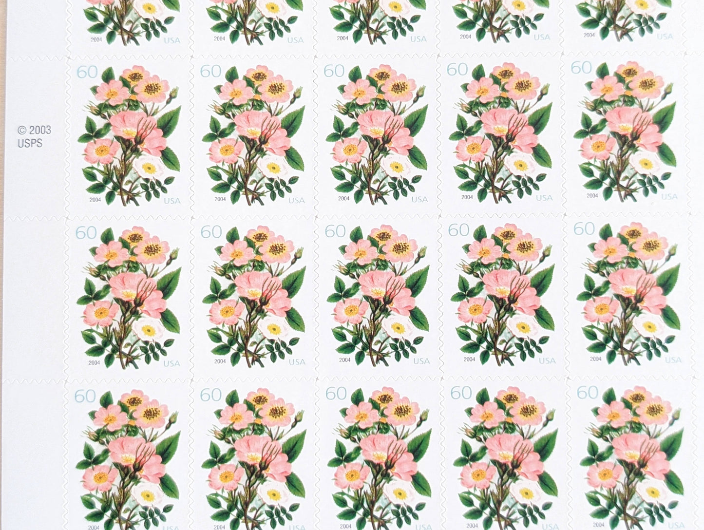 Garden Botanical, Vintage Unused USPS 60 Cent Postage Stamps, Garden Botanical Stamps (Pink Wild Rose), 2003, Gummed