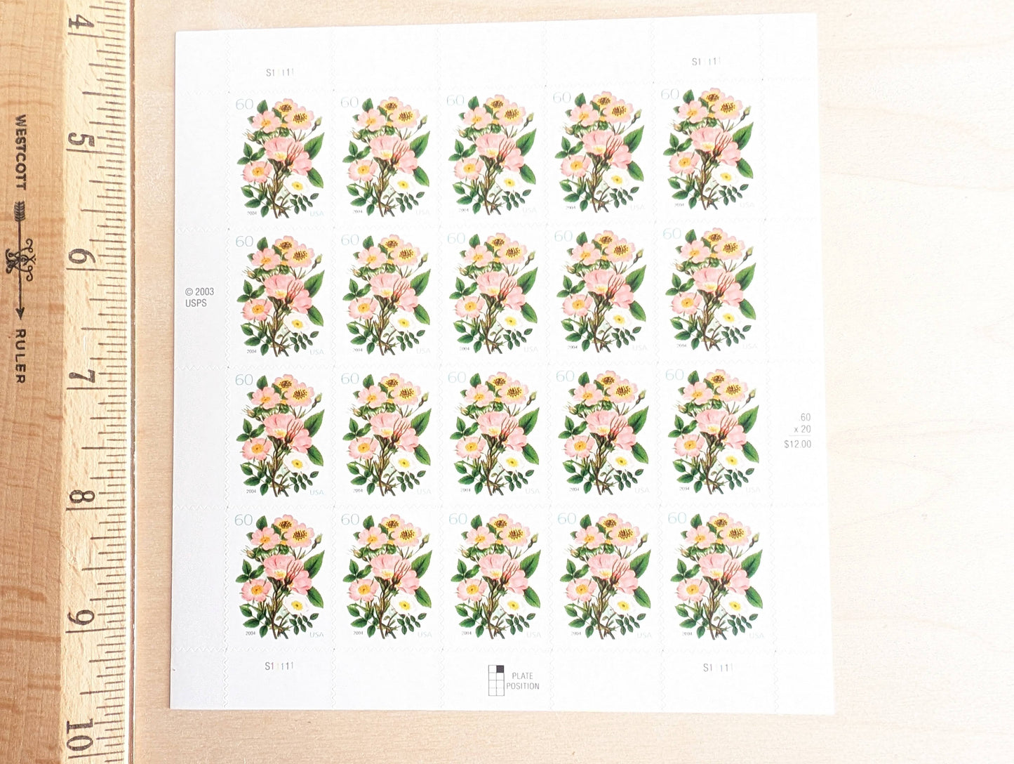 Garden Botanical, Vintage Unused USPS 60 Cent Postage Stamps, Garden Botanical Stamps (Pink Wild Rose), 2003, Gummed