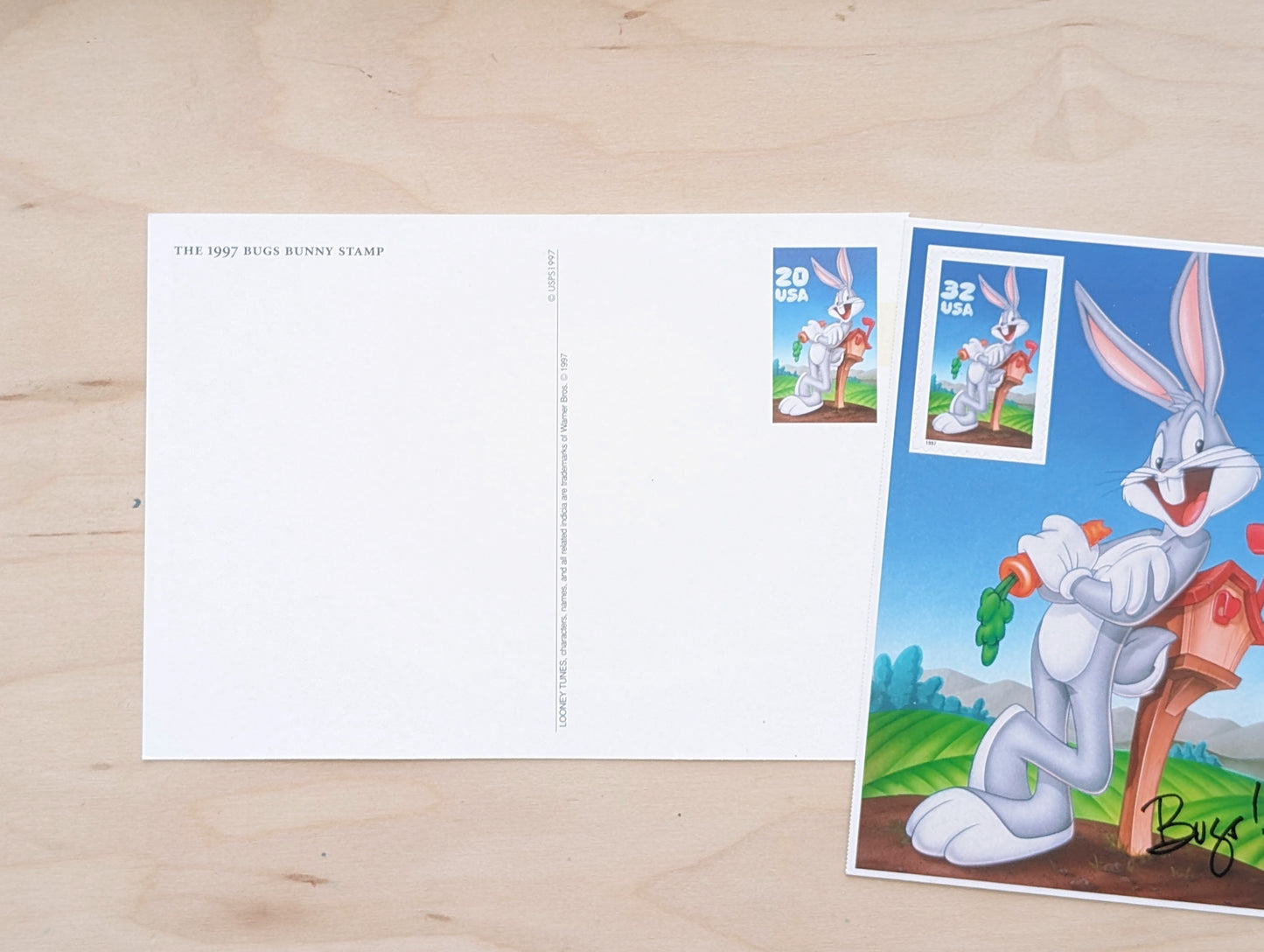 Bugs Bunny Postcard Looney Tunes 1997 Unused 20 Cent Pre-Stamped Postcard and 32 Cent Souvenir Sheet
