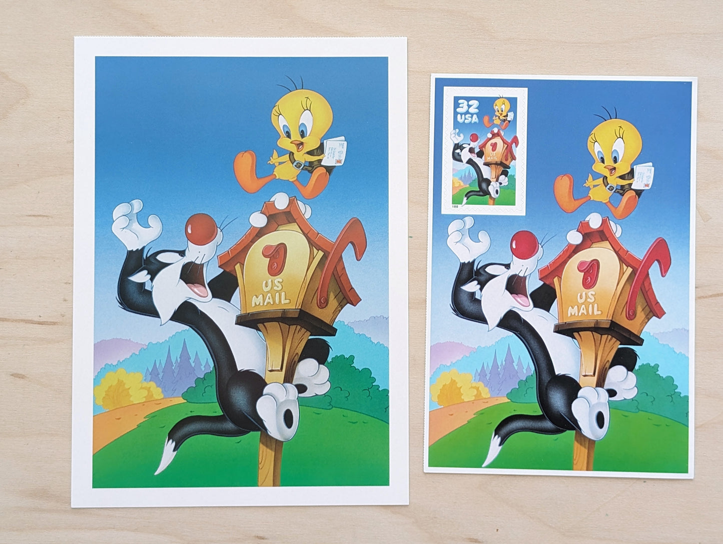 Sylvester and Tweety Postcard, Looney Tunes 1998 20 Cent Postcard and Souvenir Sheet With 32 Cent Stamp