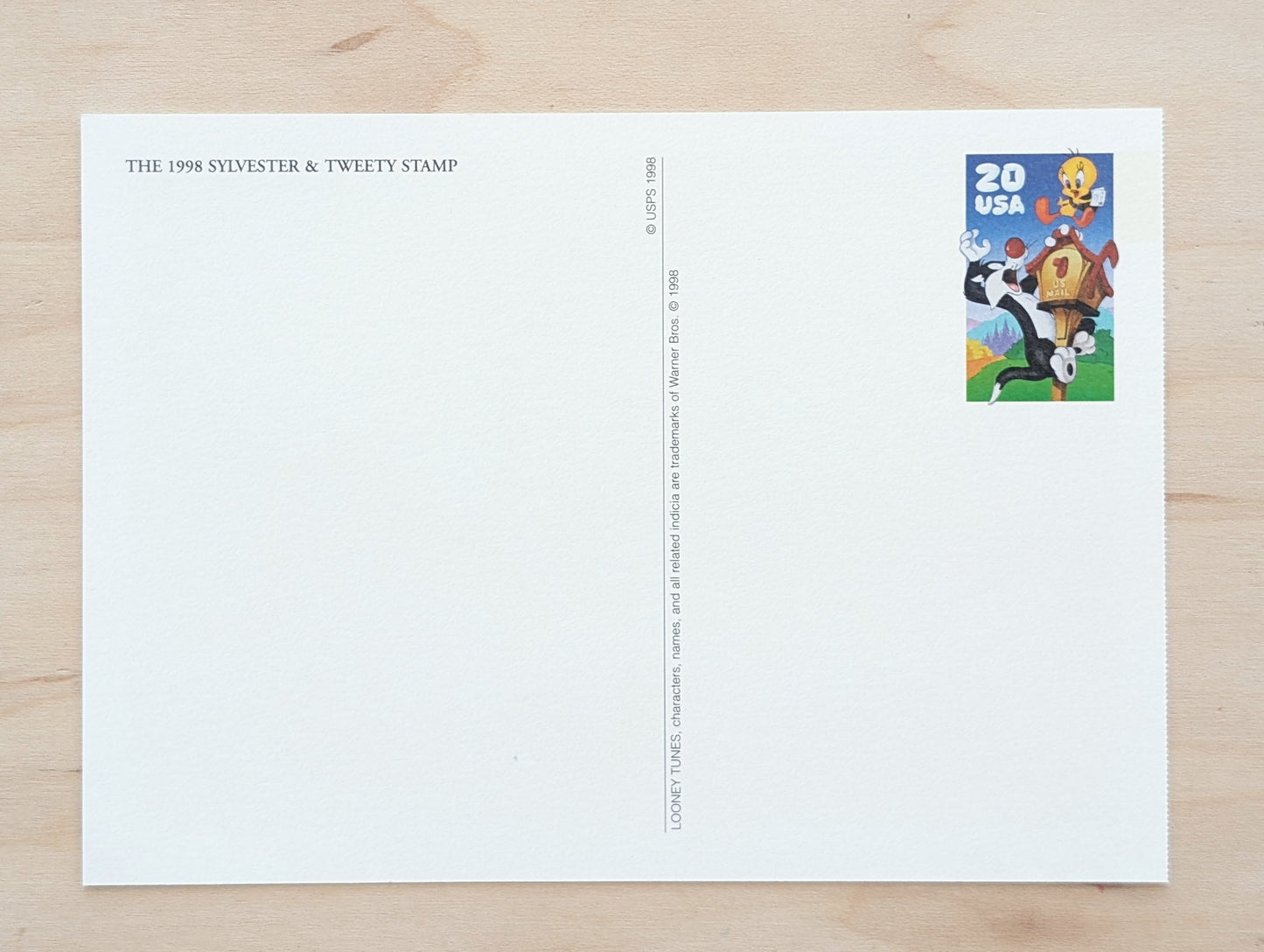 Sylvester and Tweety Postcard, Looney Tunes 1998 20 Cent Postcard and Souvenir Sheet With 32 Cent Stamp