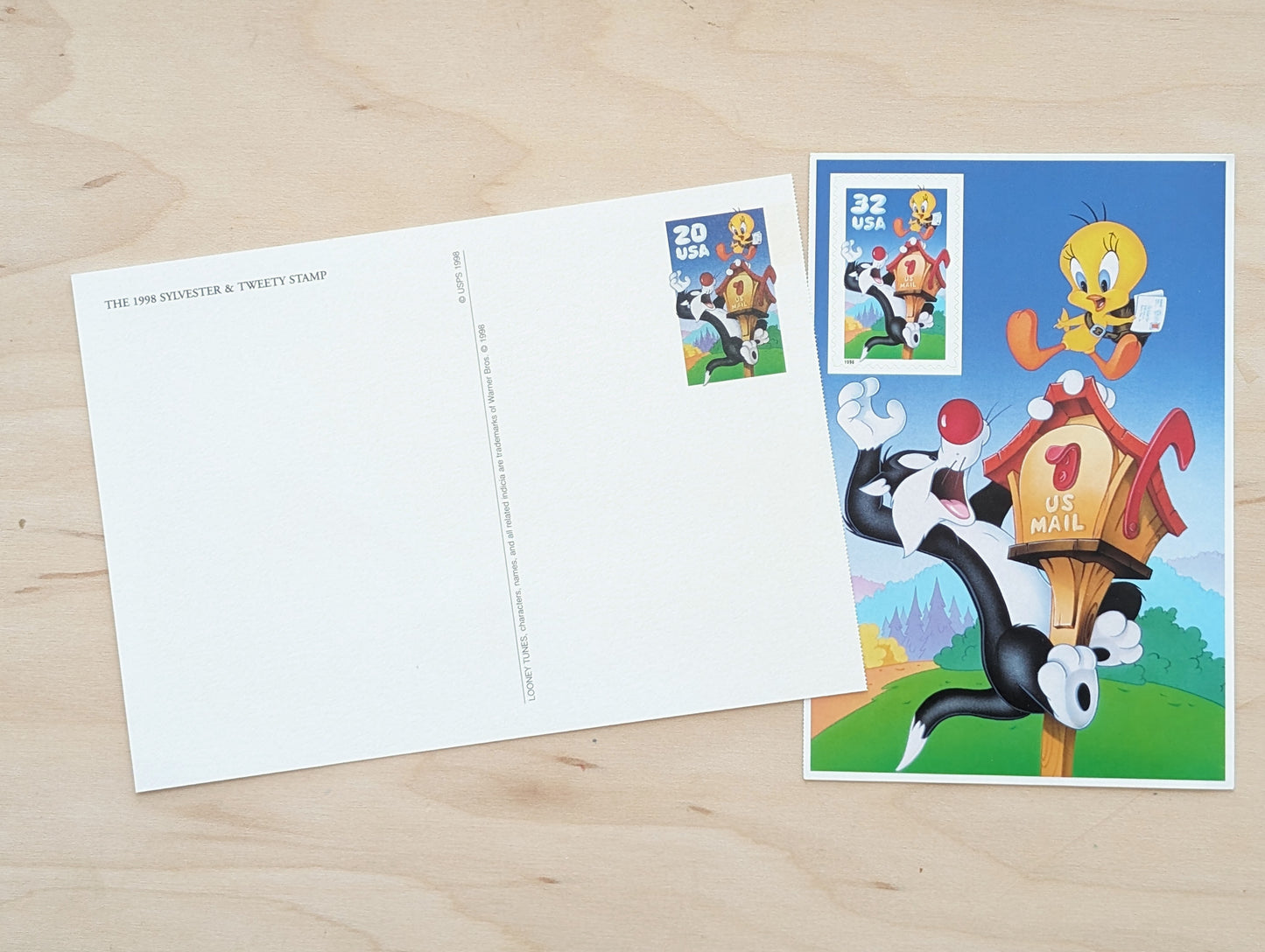 Sylvester and Tweety Postcard, Looney Tunes 1998 20 Cent Postcard and Souvenir Sheet With 32 Cent Stamp