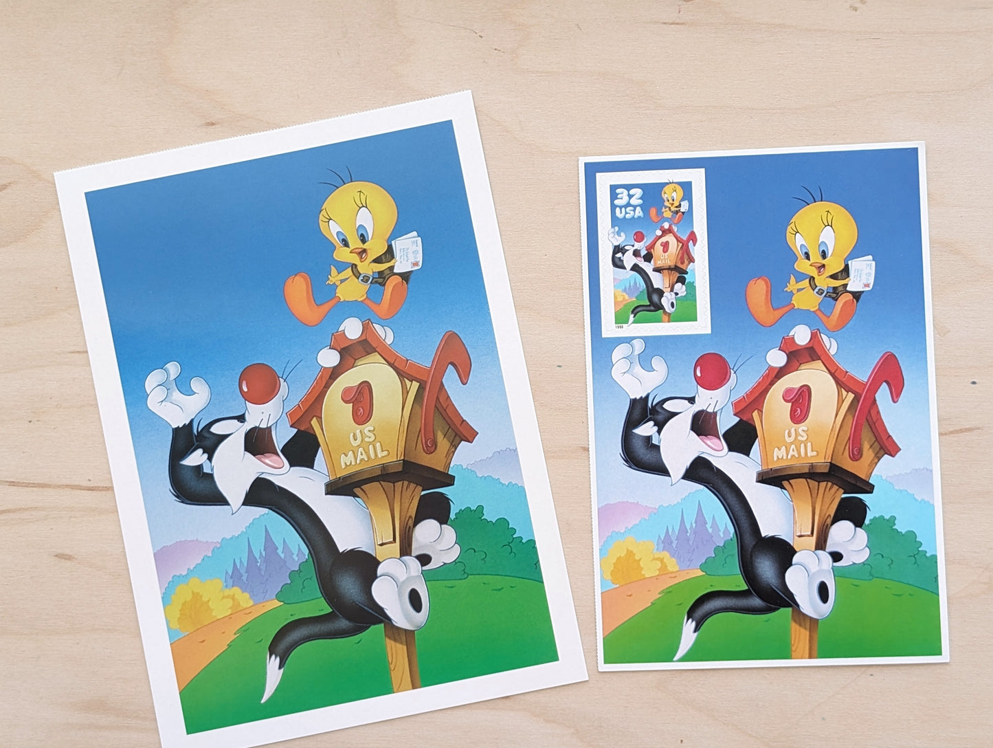 Sylvester and Tweety Postcard, Looney Tunes 1998 20 Cent Postcard and Souvenir Sheet With 32 Cent Stamp