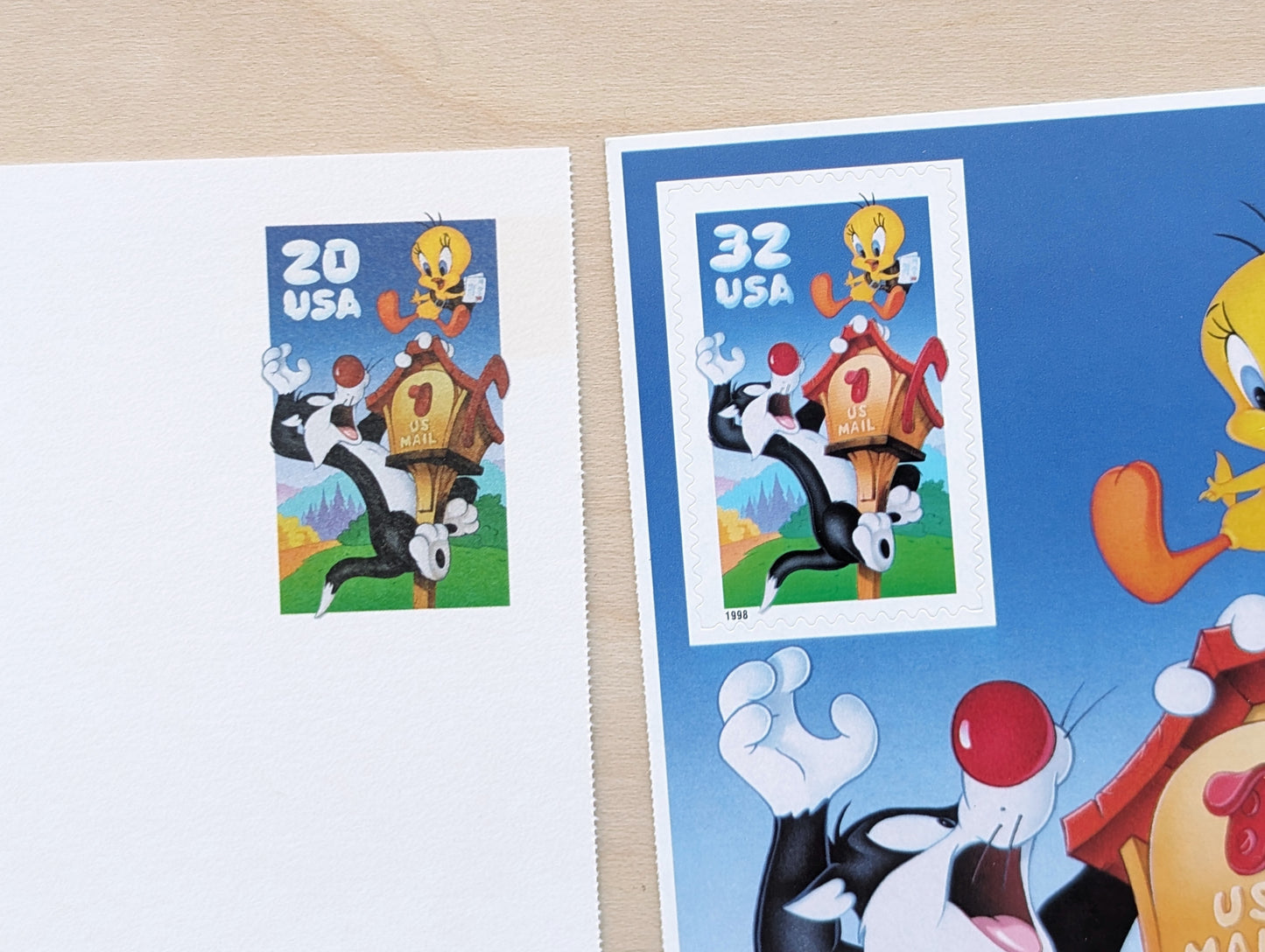 Sylvester and Tweety Postcard, Looney Tunes 1998 20 Cent Postcard and Souvenir Sheet With 32 Cent Stamp