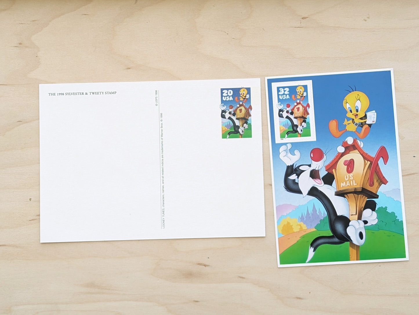 Sylvester and Tweety Postcard, Looney Tunes 1998 20 Cent Postcard and Souvenir Sheet With 32 Cent Stamp