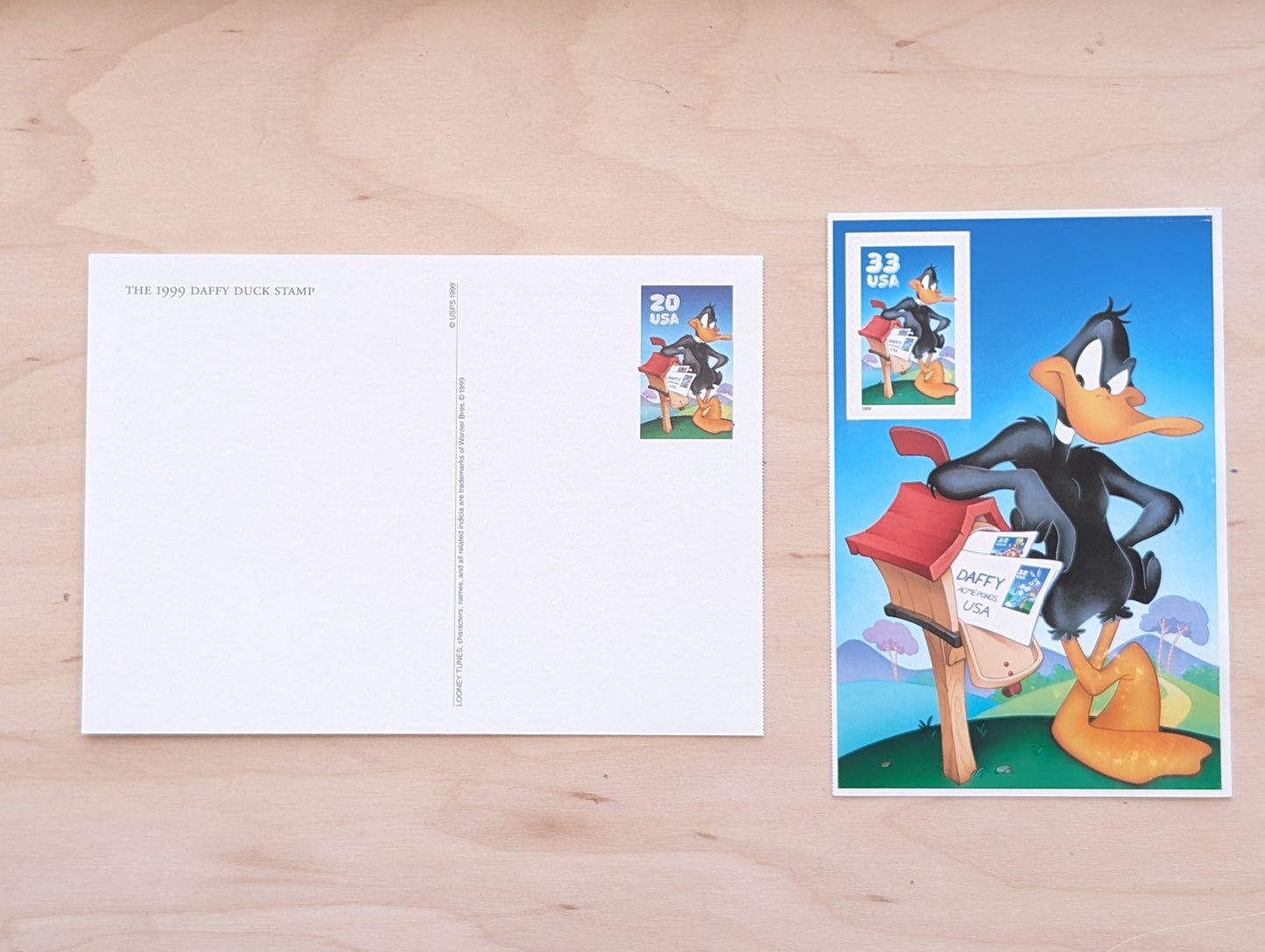 Daffy Duck Postcard Looney Tunes 1999 Unused 20 Cent Pre-Stamped Postcard and 33 Cent Souvenir Sheet